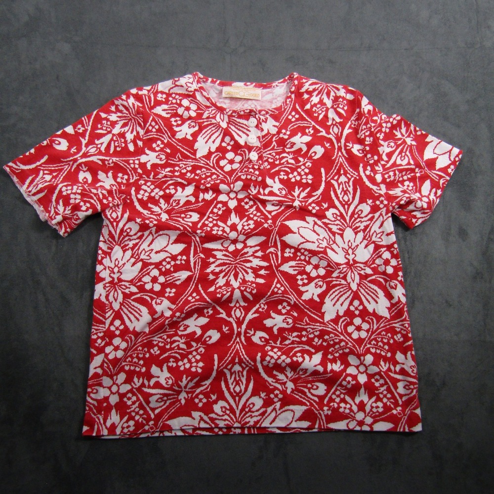 Career Guild Henley Top Women M Red White Floral Damask Grannycore Grandma